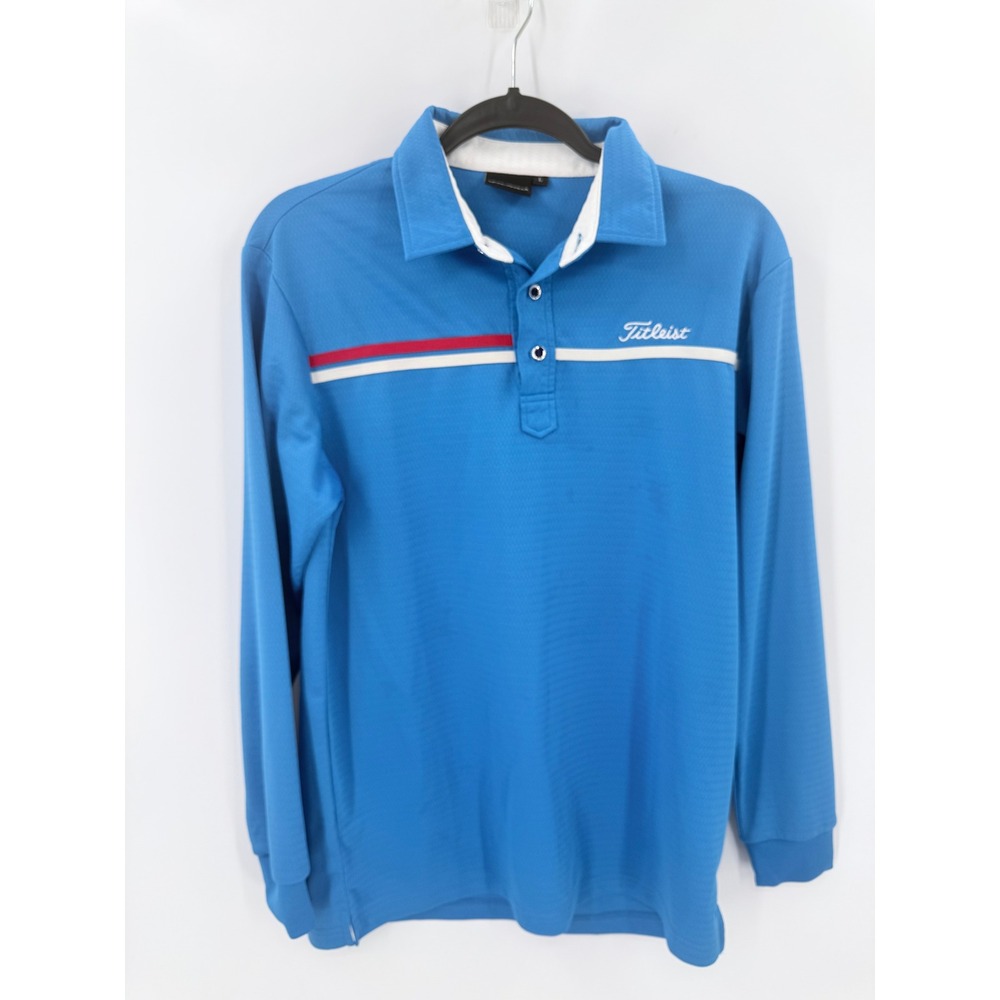 Titleist Mens Blue Long Sleeve Golf Polo Shirt Chest Stripe Size Large